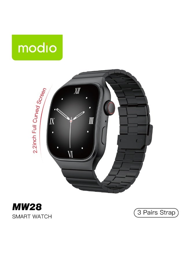 Modio MW28 Smartwatch with 2.2 Inch Curved IPS Display 3 Interchangeable Straps and Charging Cable Designed for Ladies and Gents Black - Image 1